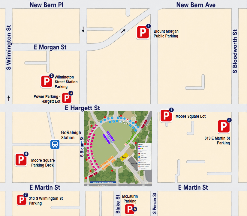 Street map of downtown Raleigh around Moore Square, showing the festival booth layout, nearby public parking lots and decks, and the GoRaleigh Station bus stop.